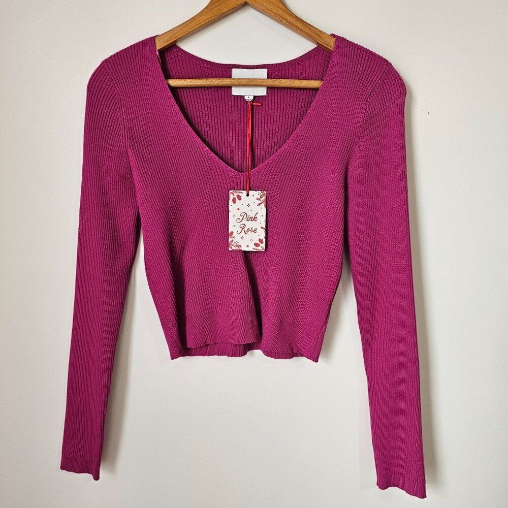 NWT PINK ROSE V NECK RIBBED LONGSLEEVES SWEATER TOP SIZE L